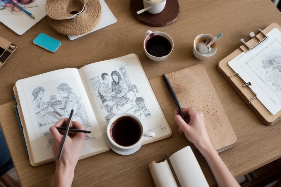Escritorio de una ilustradora freelance revisando pruebas de color impresas junto al iPad antes de aprobar el encargo