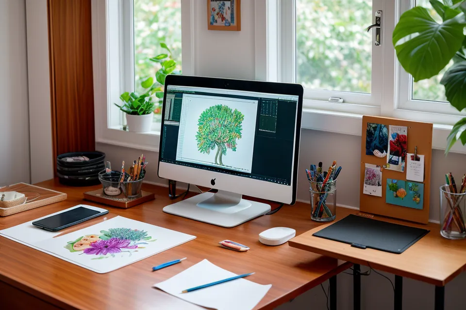 Proceso de dibujo botánico reproduciéndose como time-lapse en la pantalla de un iPad