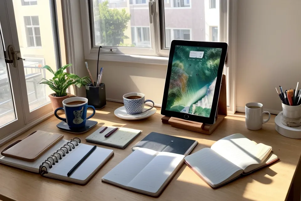 Etiqueta impresa junto al iPad mostrando el resultado del pincel dual con textura personalizada
