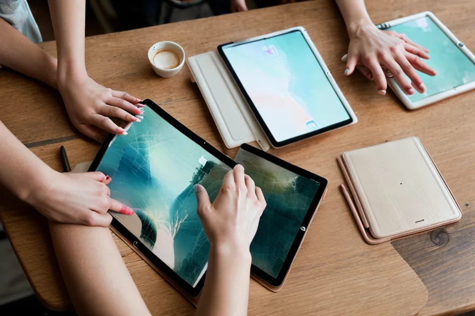 Bocetos tradicionales de etiquetas de vino junto a un iPad Pro en un escritorio.