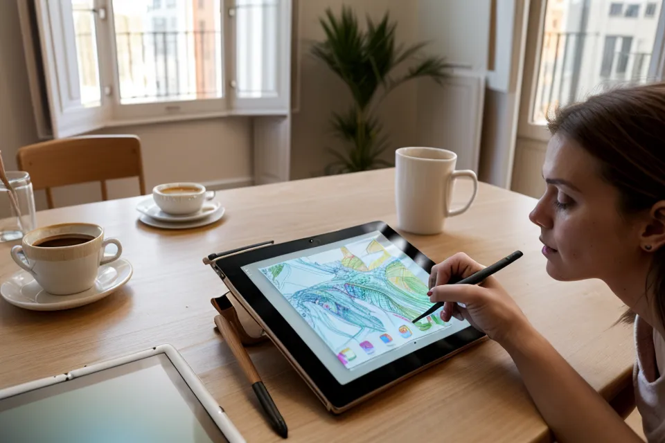 Espacio de trabajo con iPad mostrando una ilustración finalizada con degradados suaves.